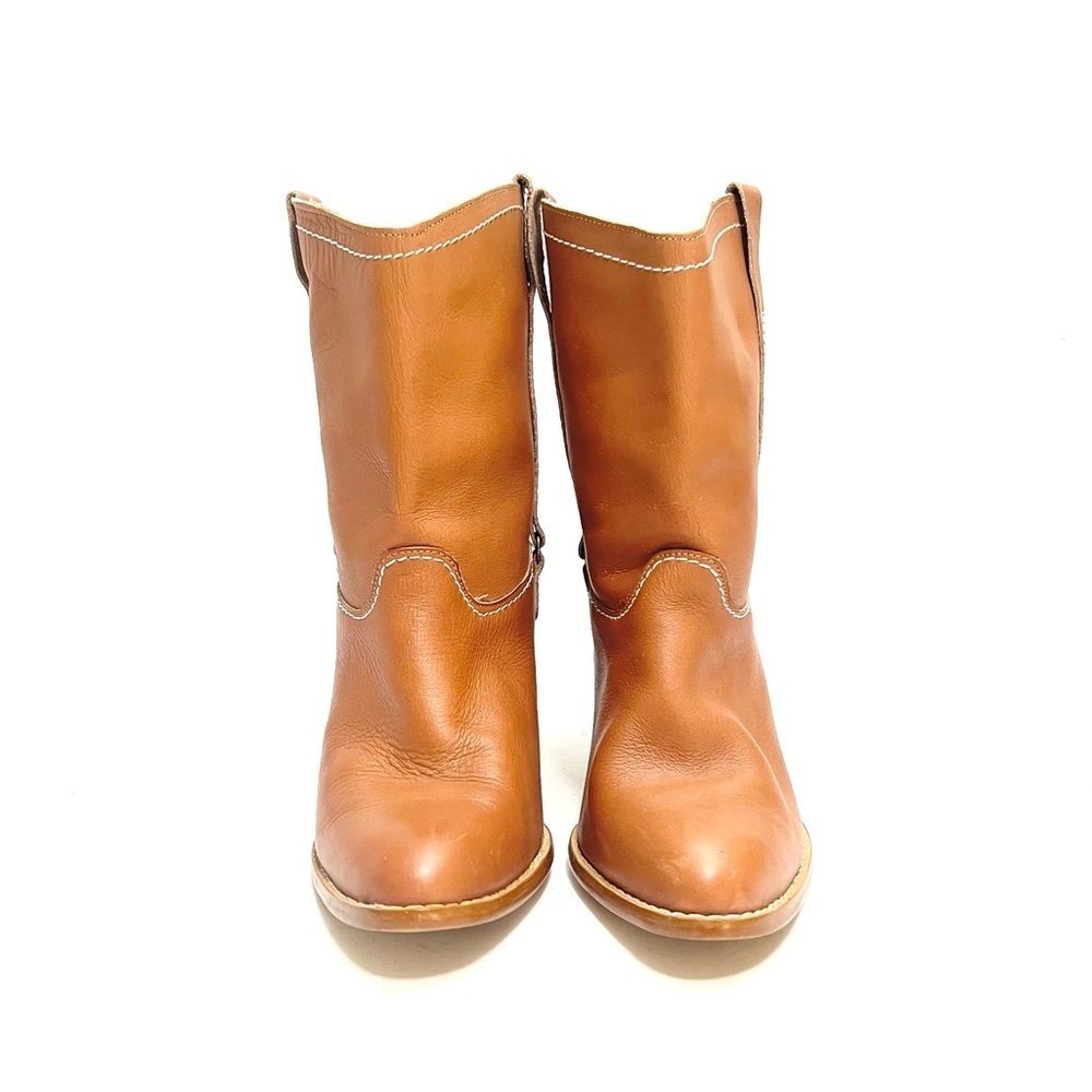 Vintage 1970s tan leather wooden stacked heel western pull on ankle boots - Picture 2 of 9